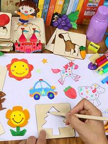 Random Style Montessori Wooden Painting Template - Creative DIY Painting Template For Cultivating Artistic Skills - Interesting Educational Learning Tool, Perfect Gift For Young Artists (Partial Patterns Sent Randomly), Office, School, Painting, Students, Markers, Stationery, Boys, Girls, School Supplies - Multicolor - View 9