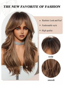 24 Inch Long Wavy Dark Brown Wig With Bangs Light Highlights Synthetic Wig, Natural-Looking Hairpiece For Women Perfect Daily Wear, Party & Fashion Styling - Màu nâu ombre - Xem 8
