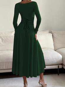 Elegant Waist-Cinching Sleeveless High-Quality Fitted Mid-Length Dress, Elegant Camisole Square Neck Solid Color A-Line Waist Maxi Dress For Women Spring - Green - View 7