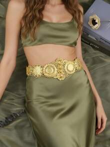 1pc Hollow Floral Metal Napoleon Portrait Waist Chain, Suitable For Middle Eastern Banquet, Wedding, Bride, Festival Party, Long Dress, Moroccan Caftan, Golden Waist Belt Valentine's Day Accessories - Belt - View 1