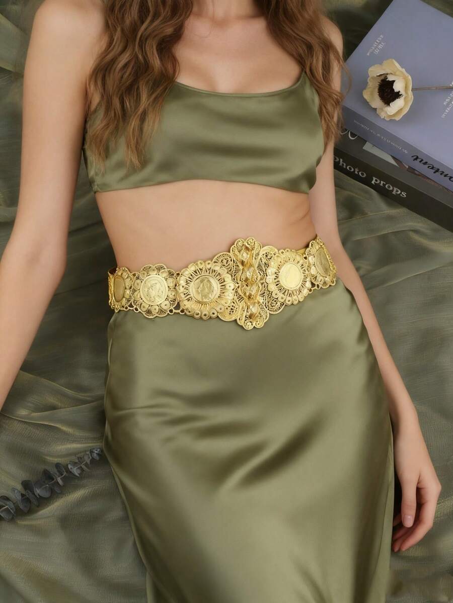 1pc Hollow Floral Metal Napoleon Portrait Waist Chain, Suitable For Middle Eastern Banquet, Wedding, Bride, Festival Party, Long Dress, Moroccan Caftan, Golden Waist Belt Valentine's Day Accessories - Belt - View 1