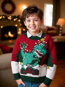 Young Boy Christmas Classic Red & Green Color Round Neck Dinosaur Graphic Knit Pullover Sweater, Long Sleeve, New Year