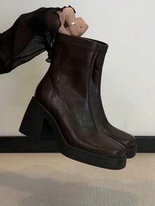 Autumn/Winter Slimming Lace-Up Mary Jane Ankle Boots For Women, Vintage Flat Elastic Slim Fit Ankle Boots With Back Zipper - Brown - View 3