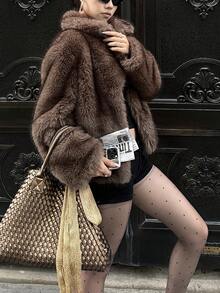 Palton de iarnă pufos cu guler din blană artificială pentru femei, retro, deschis în față, îmbrăcăminte exterioară la modă