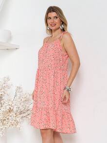 All-Over Floral Print, Ruffled Hem, Beach Style. - Hồng - Xem 5