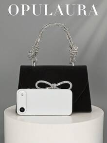 Torebka wieczorowa OpulAura z czarnego aksamitu w europejskim i amerykańskim stylu, z błyszczącą, elegancką kokardą i zdobieniem ze strasów, luksusowa formalna torebka do ręki, torebka na ramię z łańcuszkiem, odpowiednia na galę, przyjęcie, urodziny, ślub, dodatek ślubny - Czarne - Zobacz 7