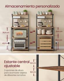 VASAGLE Estantería de Cocina con Enchufe Múltiple, Barra de Café de 4 Niveles con Estante Ajustable, Soporte de Microondas y Toallas, 40 x 60 x 140 cm, Marrón Rústico y Negro Tinta - Óxido marrón - Ver 2