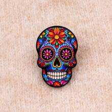 1 pieza Broche esmaltado de calavera mexicana - Insignia de solapa única para mochilas y ropa - Negro - Ver 2