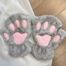 一双可爱猫爪露指手套，加厚保暖防寒毛绒手套，适合冬季女孩日常佩戴，带绳子 - 彩色 - 查看 21