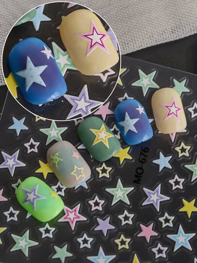 A Cute Nail Sticker With Relief Laser Technology, Simple Hand Drawn Design, Featuring Stars As The Main Element, Suitable For Personal DIY And Nail Salon Use