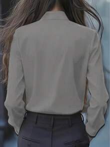 Damen elegantes Rüschen-Schleife-Detail Langarm-Hemd - Unifarben, Langarm, Knopfleiste vorne, geeignet für Büro und Alltag Outfit, Lässig Bluse | Elegante Bluse | Rüschen-Schleife-Detail Frühling - Grau - Übersicht 3