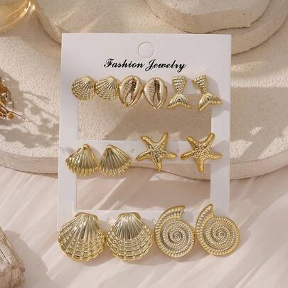 1 Set Fashion Starfish, Shell, Fish Tail Shaped Marine Life Pattern Earrings Set, Suitable For Women's Daily Wear, Party, Gift For Friends, Holidays, Birthdays