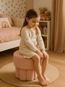 Taburete bajo redondo de felpa tipo cordero, ideal como banquito para maquillaje, taburete para cambiarse los zapatos en la entrada, asiento infantil o mesa auxiliar para la sala. - Rosa - Ver 2