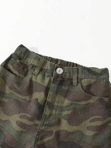 Girls' Y2K Casual Multi-Pocket Drawstring Waist Camouflage Washed Denim Cargo Pants, Suitable For School, Campus, University - Green - View 5