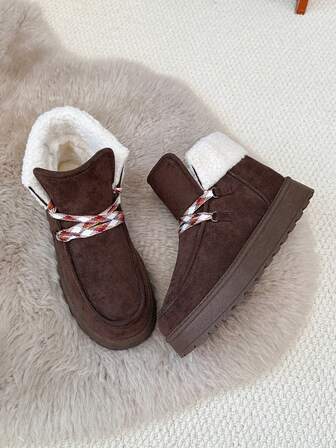 Women's Solid Color Preppy Style Fuzzy Lining Drawstring Snow Boots, Suitable For Outdoor Hiking Scenarios In Winter, Thick Sole, Warm Lining, Brown Short Boots