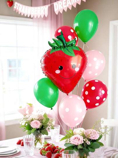 2/16pcs Strawberry Theme Balloon Set, Includes Smiling Strawberry Foil Balloon, Green, Red Polka Dot, Pink Polka Dot Latex Balloons, Suitable For Strawberry Theme Birthday Decoration, Strawberry Girl Atmosphere Photography Props, Cute Summer Strawberry Party Supplies, Berry Theme Baby Shower, Strawberry Decor