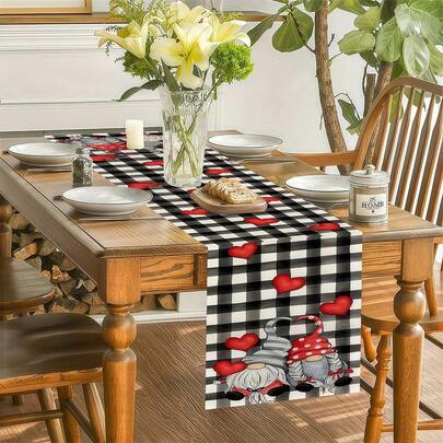 1pc-Valentine's Day Plaid Gnome Love Oxford Table Runner - Romantic Love Theme Table Decoration, Valentine's Dinner Party & Home Decor, Gnome With Heart Pattern Accent, "Love XOXO" Printed Tablecloth, Valentine's Day Decor Supplies, Oxford Cloth Runner For Valentine's Celebration & Gift