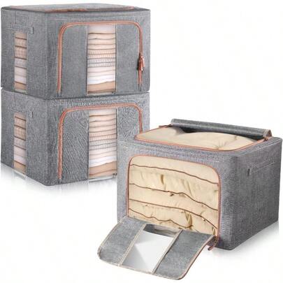 Clothes Storage Bag Stackable Metal Frame High Density Fiberboard Bottom Cotton Linen Protect From Moisture Dust Sturdy Handle Double Opening Zipper Perfect For Clothing Set Of 3 (66L)