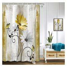 Rustic Farmhouse Shower Curtain, Farm Yellow Daisy Floral Flowers And Butterfly On Country Wooden Shower Curtain For Bathroom, Yellow Bathroom Shower Curtains With 8PCS Hooks, 47X64IN - 多色575 - 查看 1