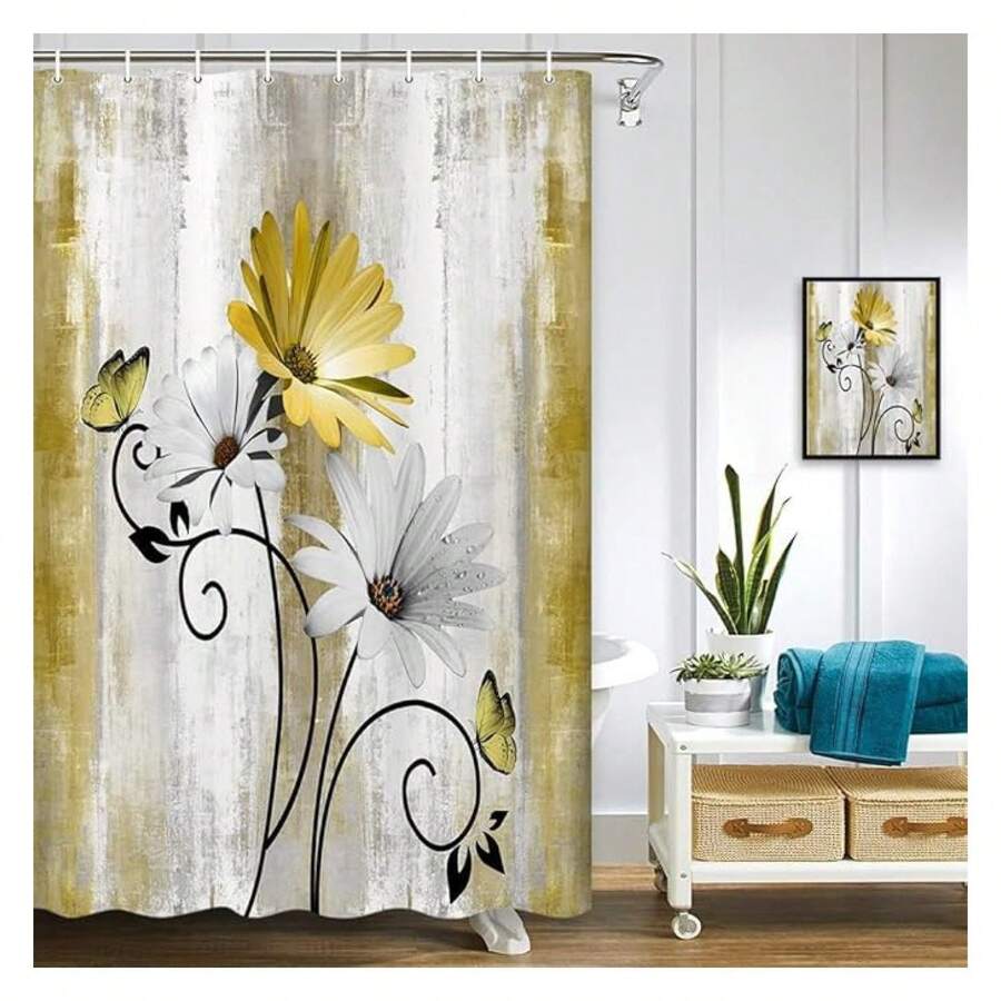 Rustic Farmhouse Shower Curtain, Farm Yellow Daisy Floral Flowers And Butterfly On Country Wooden Shower Curtain For Bathroom, Yellow Bathroom Shower Curtains With 8PCS Hooks, 47X64IN - 多色575 - 查看 1
