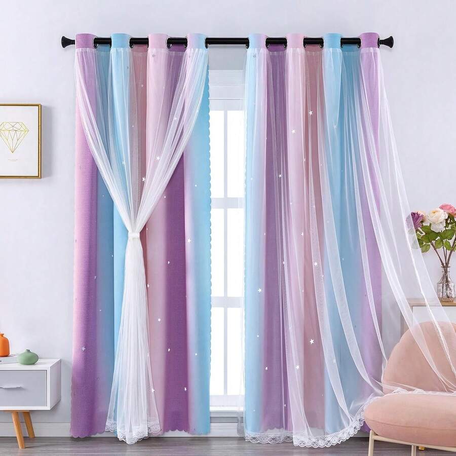 Cortinas de dormitorio de 213 cm, cortinas decorativas cortas de doble capa con estrellas colgantes y voile para habitación infantil, cortinas de arco para puerta de vidrio corrediza para adultos, rosa, azul, morado /132/213/2 MX - Rosa AmarilloAzul - Ver 1