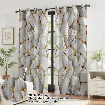 2pcs 2D Nordic Minimalist Gray & White Geometric Textured Curtains, Grommet Top Design, Polyester Fabric, Semi-Sheer, Suitable For Rental Home Living Room Bedroom Small Windows, Removable & Machine Washable