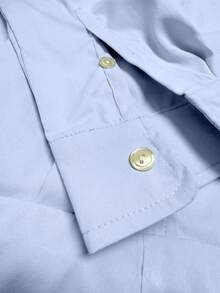 Spring To Summer Minimalist Women's Casual Blue Long Sleeve Woven Jumpsuit, Road Trip Carnival Outfit, Shirt Collar Button Front Short Jumpsuit - Blue - View 7