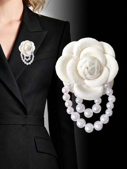 1pc Vintage Camellia Flower Brooch Bracelet Dual-Use Accessory, Pearl Brooch Bracelet
