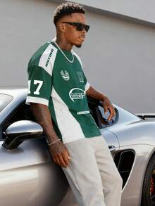 Men's Mesh Contrast Color Sports Short Sleeve Soccer Jersey Style T-Shirt, Sports Jersey Summer - Dark Green - View 2
