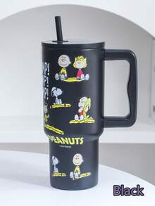 SNOOPY 1 件史努比 900ML 大容量真空保温水瓶，户外便携，女士不锈钢咖啡杯带吸管，30 盎司