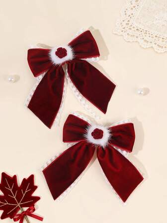 2pcs Wine Red Hair Bows For Women Girls Mini Rose Decor Bow Alligator Clips Elegant White Lace Hair Clips Warm Fall Winter Barrettes Flower Hairpins Women Hair Accessories, Hair Claws, Hair Slide