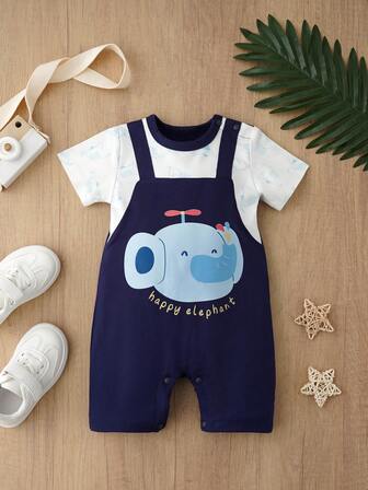 Baby Boys Spring/Summer Romper Dragonfly & Happy Elephant Print 2 In 1 Bib Overalls, Indoor & Outdoor Casual Infant Clothing