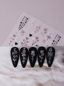 2片装黑色和粉色闪亮美甲贴纸，情人节主题，心形玫瑰花束图案，自粘式3D美甲贴纸，美甲装饰DIY美甲配件，适合女性和女孩美甲用品 - 彩色 - 查看 5