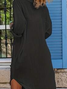 Solid Color Elegant Bohemian Woven Fabric Pocket Button Casual Long Sleeve Dress, Beach & Daily Wear, Spring/Summer Black - Black - View 4