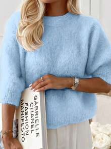 Women's Fashionable Minimalist Fuzzy Ribbed Knit Crew Neck Sweater, Regular Length, Drop Shoulder, 3/4 Sleeve Top - Baby Blue - View 3