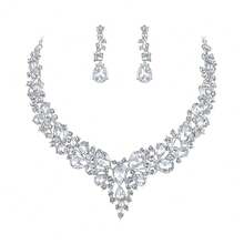 Clear Crystal Rib Statement Necklace Earrings Set Spark Rhinestone Women Jewelry Set Chunky Bridal Teal Crystal Drop Accessories For Ladies And Bridesmaids{Inchcolor_nameinch:InchWhiteinch} - Putih - View 1