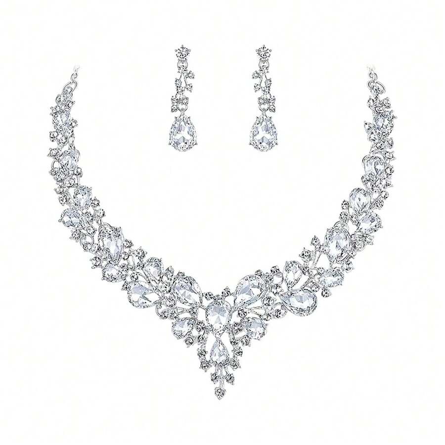 Clear Crystal Rib Statement Necklace Earrings Set Spark Rhinestone Women Jewelry Set Chunky Bridal Teal Crystal Drop Accessories For Ladies And Bridesmaids{Inchcolor_nameinch:InchWhiteinch} - Putih - View 1