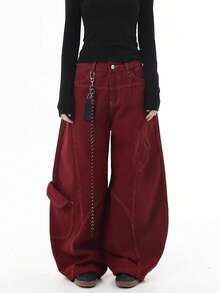 Christmas, Red Jeans, American Style, Deconstructed, Multiple Pockets, Topstitched Seams, Jazz Dance, Casual, Loose-Fitting, Streetwear, Stylish, Fluid, Wide-Leg Pants, Cargo Pants, Men's Jeans, Matching Set - 紅色 - 查看 3