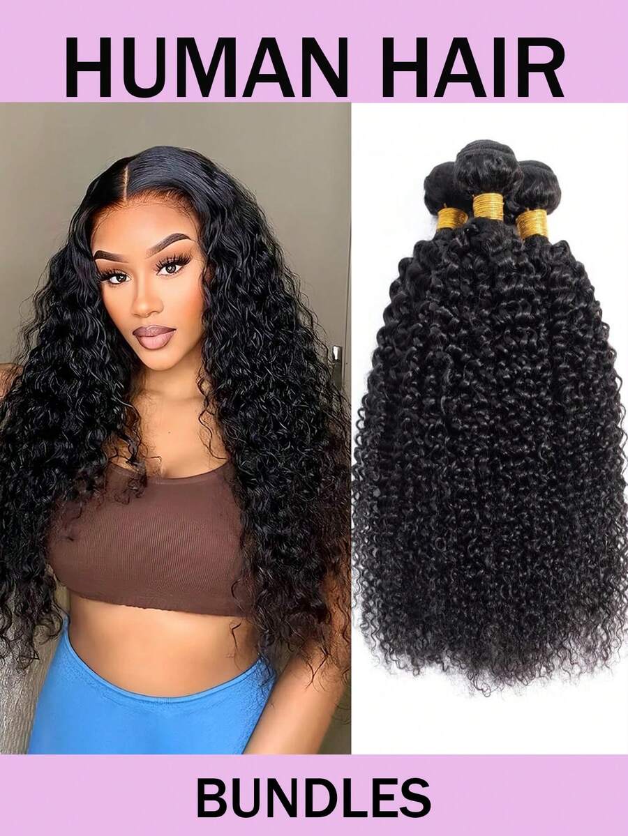 卷曲蓬松的人发束，厚实的巴西原生卷发编织束，未经加工的双层人发，自然黑色，可染色