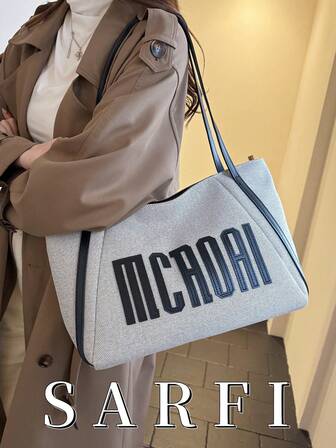 New Autumn/Winter Color-Blocked Tote Bag For Women; Modern Style, Simple And Elegant Letter Decoration, Fashionable, Versatile, Lightweight, And Easy-To-Carry Commuter Bag, Suitable For College Students' Daily Outings, Large-Capacity Tote Bag; Smooth Zipper Closure, Multi-Functional Storage Shoulder Bag; Durable Fabric Shoulder Bag; Suitable For Gifting To Friends, Shopping Trips, Dates, And Business Travel.