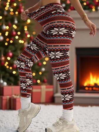 1 Pc Women Winter Thick Warm Leggings, Elastic High Waisted Plus Fleece Thick Thermal Pants,Christmas Snowflake Slim Winter Warm Thick Leggings, Female Streetwear Pants,Comfortable Stretchy Fabric, Suitable For Fitness, Home, Outdoor Yoga