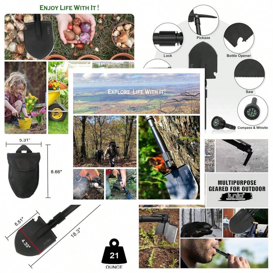 Iunio Camping Shovel,Shovel Folding, Portable, Multitool, Foldable Entrenching Tool, Collapsible Spade, For Backpacking, Trenching, Hiking, Survival, Car Emergency - 18.3in Basic E-tool - View 1