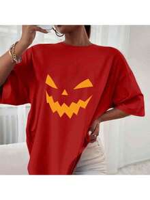 T Shirt Oversized Confortável Estampada Halloween Abobóra Blusa Feminina Casual Promoção Street Wear Plus Size - Vermelho - Visão 4