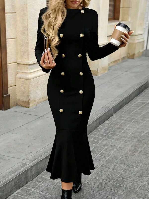 Damen elegantes, lässiges, figurbetontes Kleid mit Langarm, schräger Kragen, Knopfdesign und Fischschwanz-Silhouette