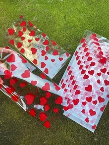 50pcs Red Heart LOVE Printed Gift Packaging Flat Bags, Paired With Gold Tie Strings, Valentine's Day Heart Transparent Gift Decoration OPP Bags, Suitable For Wedding, Lover, Couple Gifts, Theme Party Decor - Red - View 4