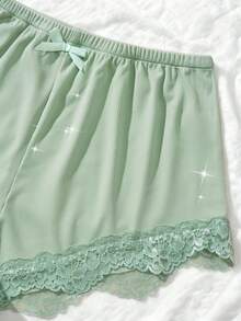 两件套花朵蕾丝睡衣套装，V领纯色舒适针织罗纹面料，蝴蝶结上衣搭配短裤，女士家居睡衣 - 綠色 - 查看 6