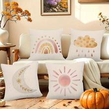 4 Packs Vintage Style Single-Side Print Throw Pillow Covers - 17.7x17.7 Inches, 2D Digital Printing, Unique Rainbow, Rain, Sun & Moon Designs, Machine Washable With Zipper, Woven Decorative Cushion Cases For All Room Types Featuring, Not Insert Included - Multicolor - View 1