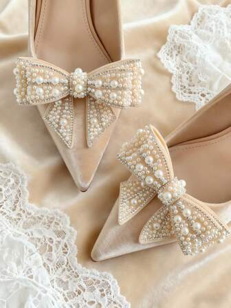 1 par avtagbara skoklämmor med konstpärlrosett, mångsidiga skotillbehör som matchar höga klackar/stövlar