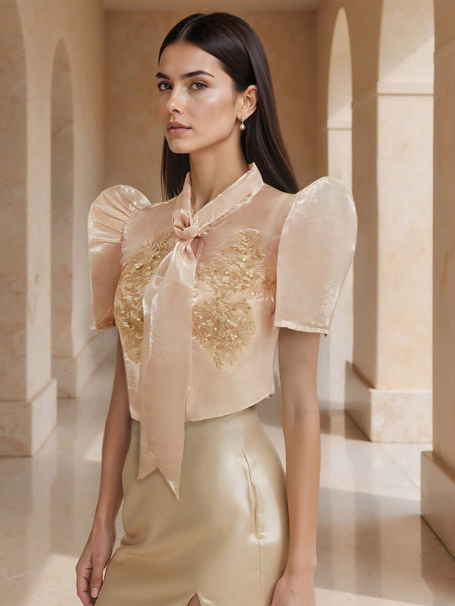 Amyenjoylife Modern Filipiniana Summer Women's Elegant Embroidered Bubble Sleeve Short Sleeve Top - Champagne - View 1