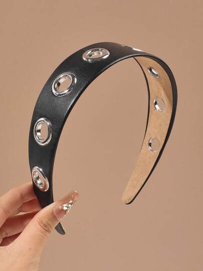 1pc Punk Style Black Faux Leather Metal Hollow Headband, Fashionable & Versatile Accessory, Autumn/Winter ,Hair Band Head Accessories Hairband